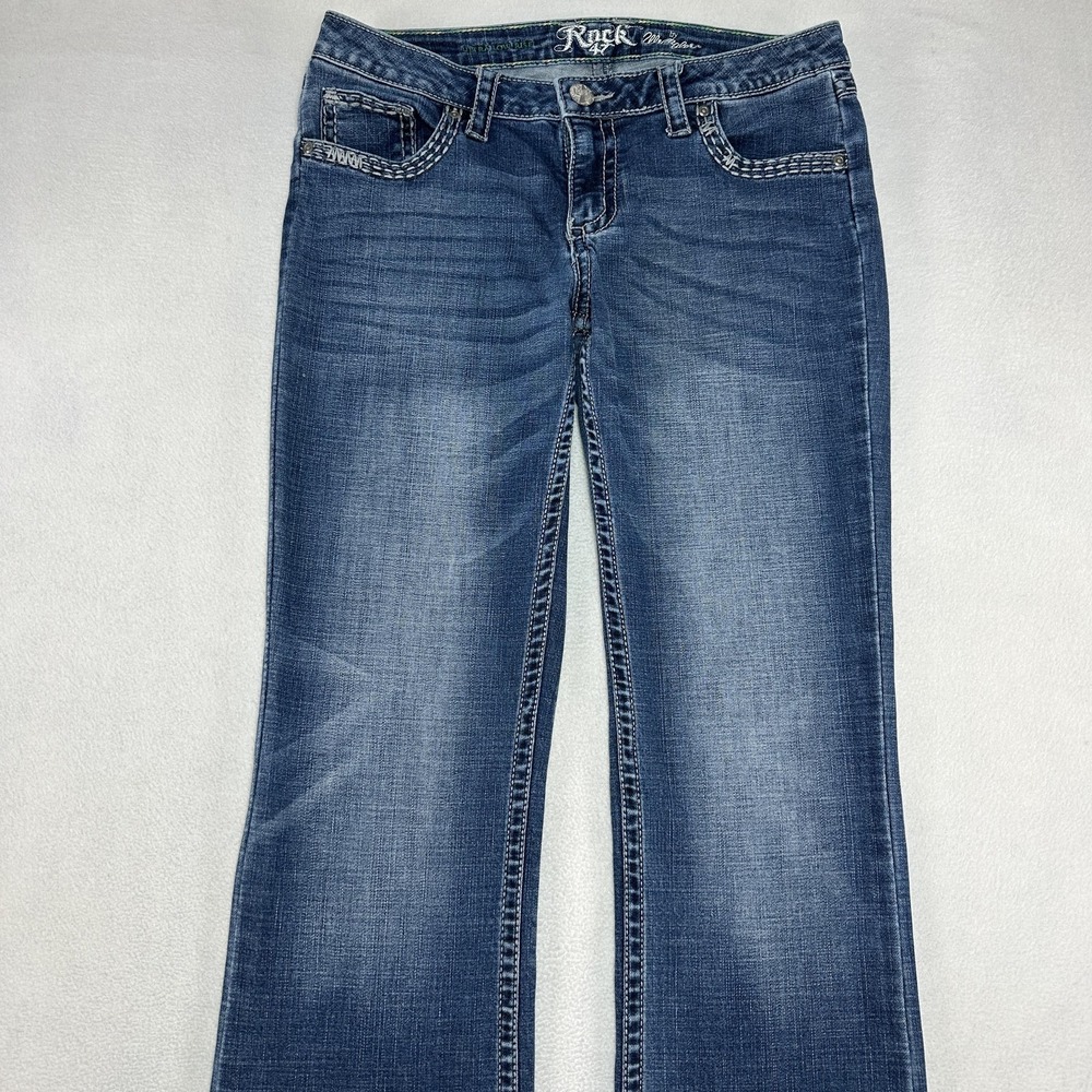 Rock 47 By Wrangler Jeans Womens 28x34 Blue Low Rise Bootcut Stretch Embroidered